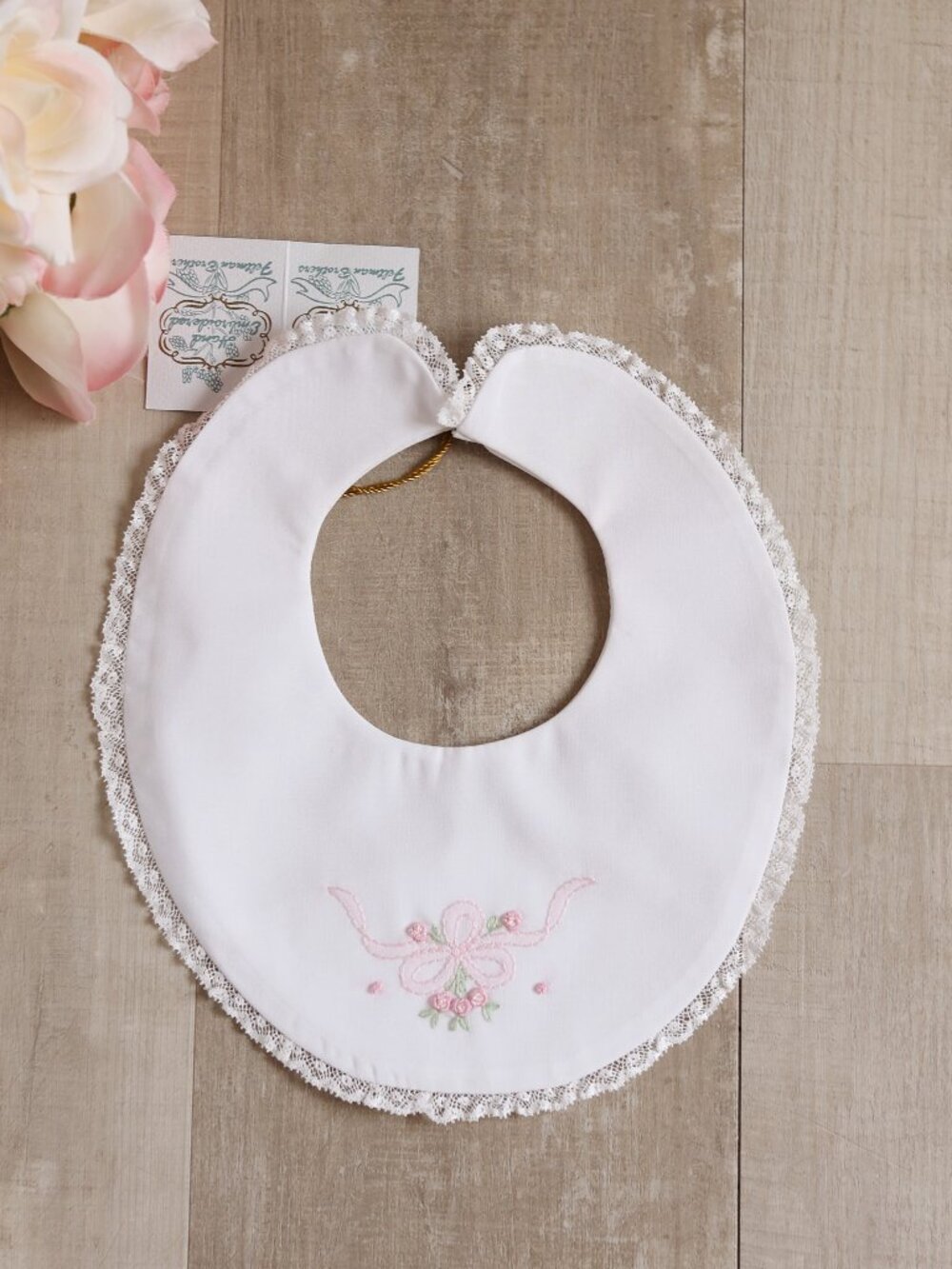Feltman Brothers Heirloom White Vintage Bow Bib Pink Shadow Embroidery Lace NWT
